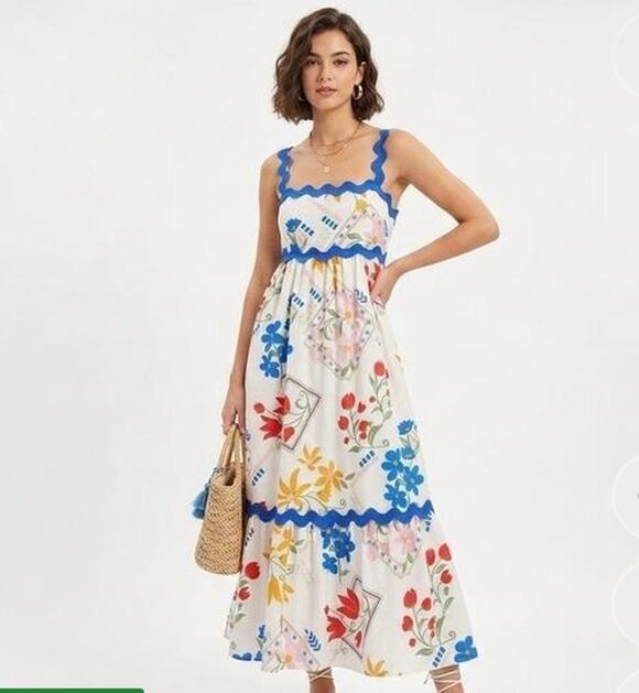 Blu Pepper Dresses & Skirts - Blu Pepper women’s large white maxi sun dress with floral print blue trim NWT